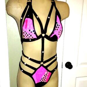 OOAK sexy studded pink/black harness exotic dancer 2 piece stripper costume #2